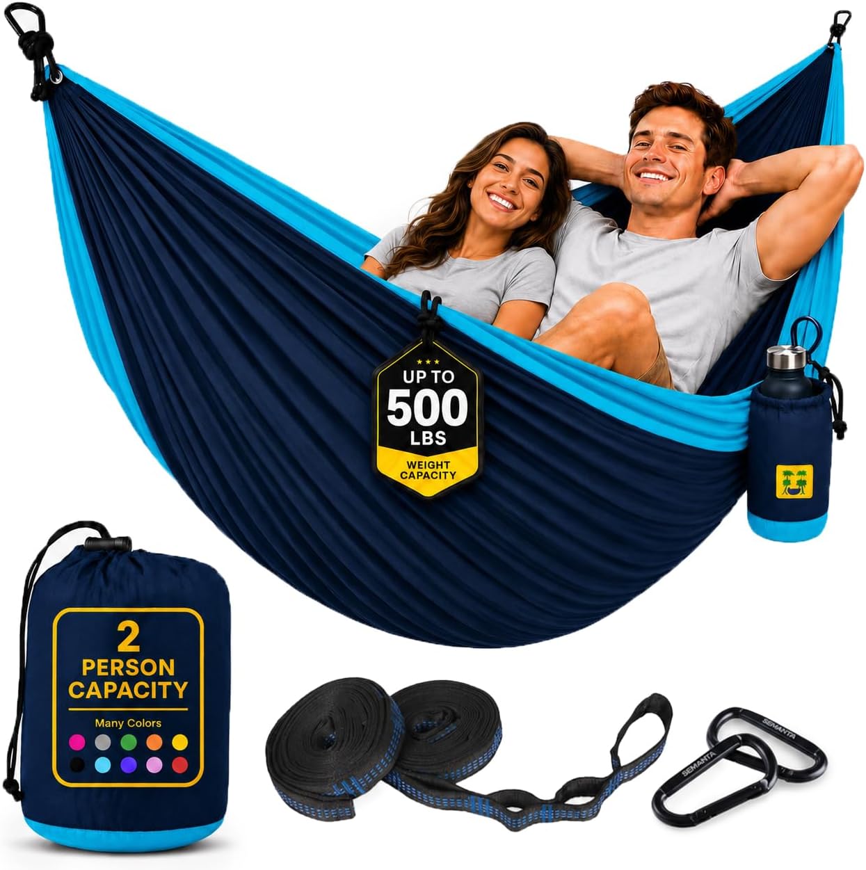 Durable Hammock 500 lb Capacity, Nylon Camping Hammock Chair - Double or Single Sizes w/Tree Straps and Attached Carry Bag - Portable for Travel/Backpacking/Beach/Backyard (Large, Blue &amp; Light Blue)
